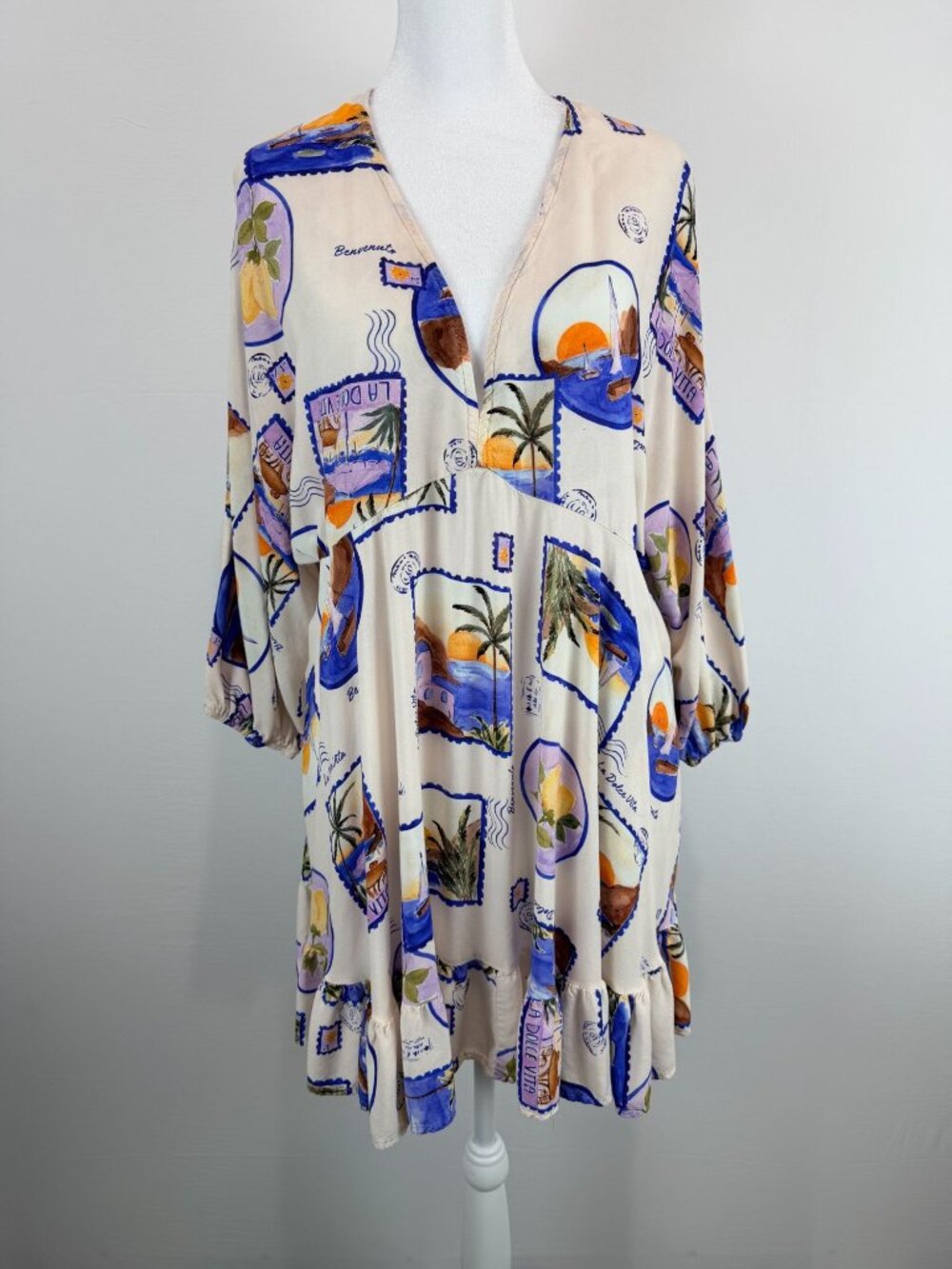 Label Of Love Postcard Print Ruffle Hem Dress With 3/4 Sleeves Beige/Blue L
